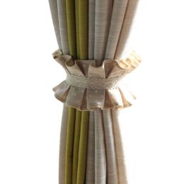 2 Pcs Curtain Tiebacks Cotton Lace Pleated Curtain Ties for Window Curtain Accessories, Beige