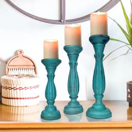 Handmade Wooden Candle Holder with Pillar Base Support; Turquoise Blue; Set of 3