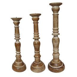 Handcrafted Distressed Wooden Candle Holder with Pedestal Body; Brown; Set of 3