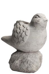 Cement Bird Figurine Sitting on a Hollow Rock; Large; Distressed Gray; DunaWest