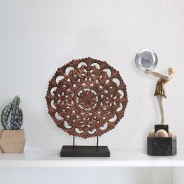 Intricately Carved Round Wooden Wheel on Rectangular Stand; Rustic Brown; Small; DunaWest