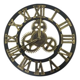 Large Gear Wall Clock Roman Numbers 3D Big Dial Wooden Industrial Steampunk Retro Outdoor Garden Decor; 12"/16"/23" (size: 23"(Diameter))